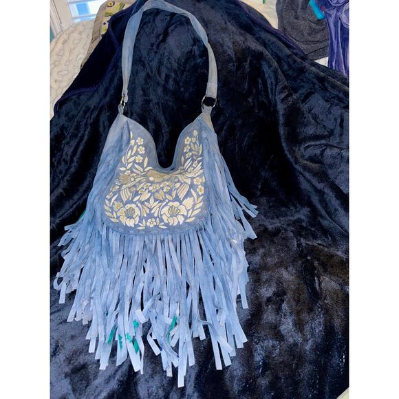 JODILEE AUSTRALIA "HEAVENLY" BLUE SUEDE FRINGED EMBROIDERED BOHO BAG - Picture 3 of 11